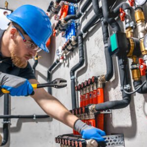 The technician checking the heating system in the boiler room. Adjusting heating valves in a residential building. A plumbing and heating technician works.