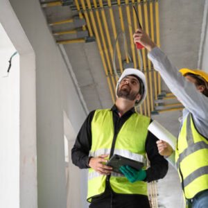 Hispanic latin engineer man and woman working with tablet computer and paper work in building at construction site